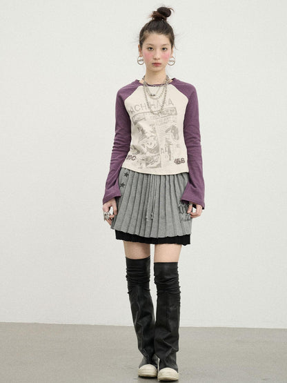 Achihara Retro Contrast Knit Tee V-Neck T-Shirt Long-Sleeve
