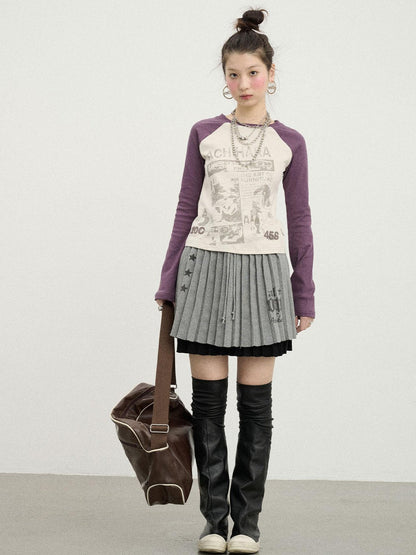 Achihara Retro Contrast Knit Tee V-Neck T-Shirt Long-Sleeve