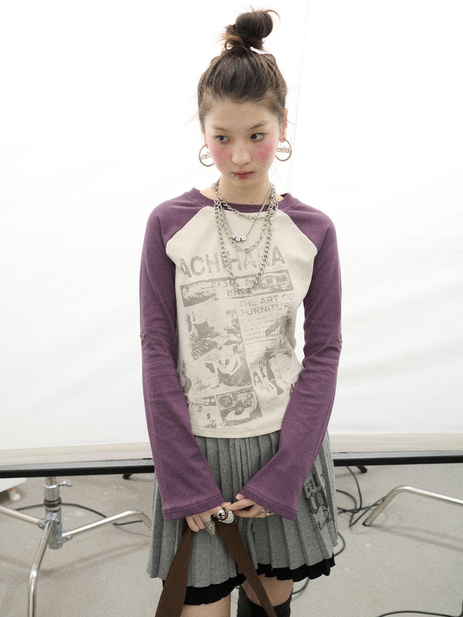 Achihara Retro Contrast Knit Tee V-Neck T-Shirt Long-Sleeve