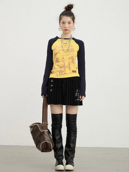 Retro Contrast Knit Tee V-Neck T-Shirt Long-Sleeve