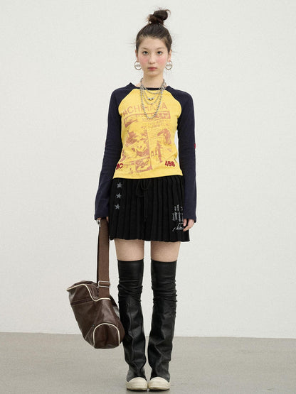 Achihara Retro Contrast Knit Tee V-Neck T-Shirt Long-Sleeve