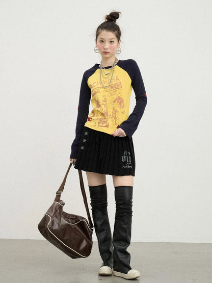 Retro Contrast Knit Tee V-Neck T-Shirt Long-Sleeve