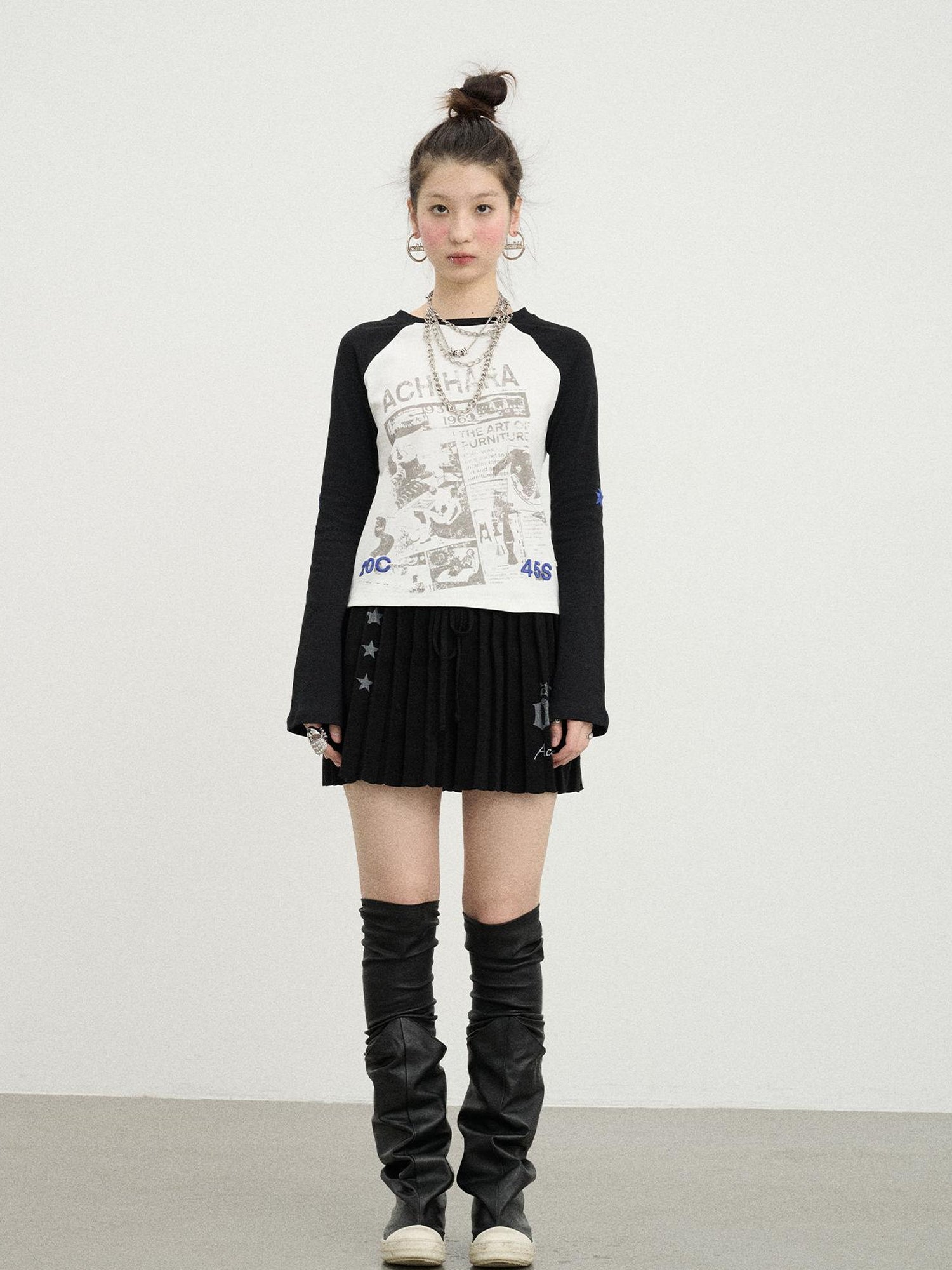 Achihara Retro Contrast Knit Tee V-Neck T-Shirt Long-Sleeve
