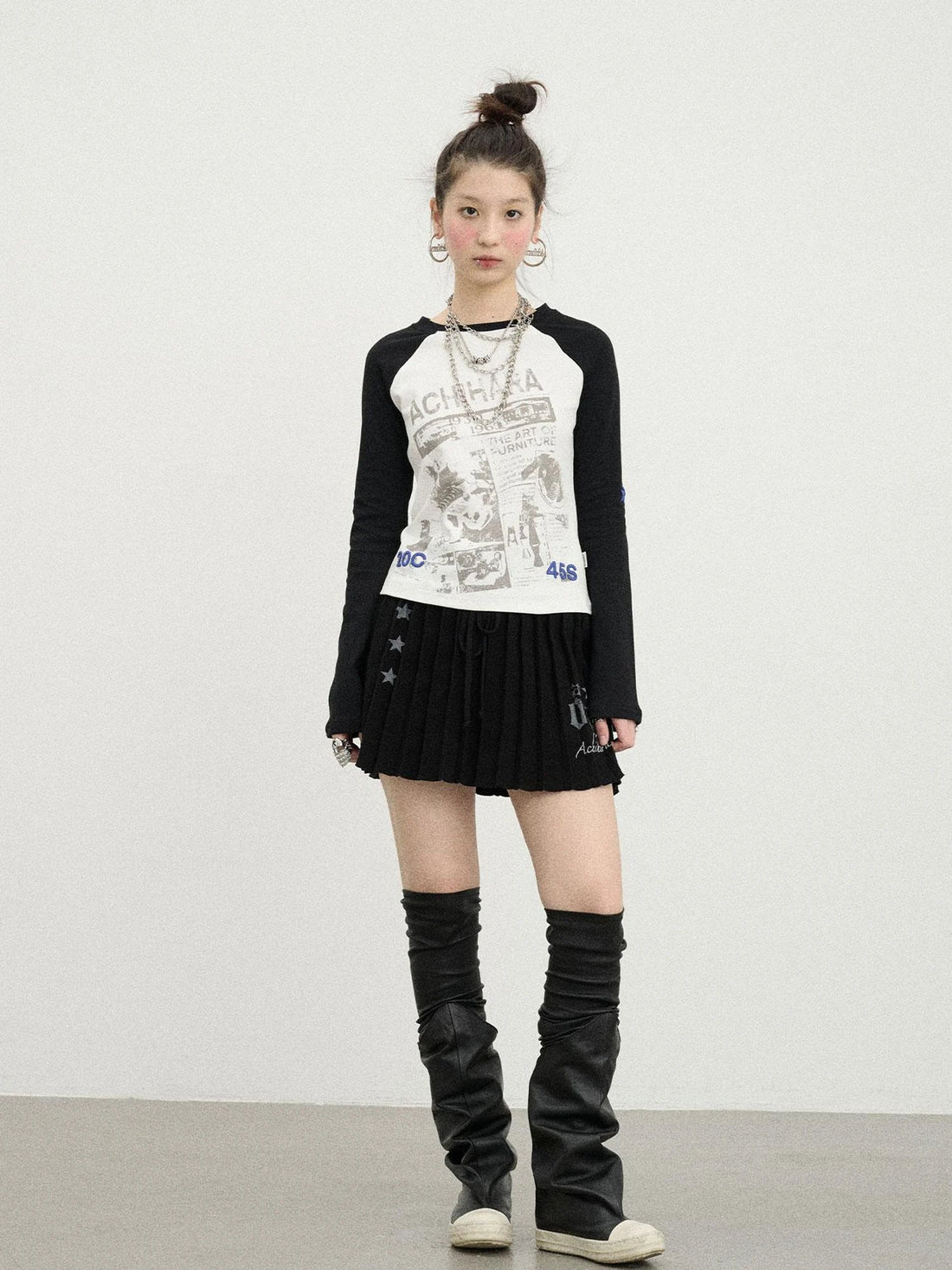 Retro Contrast Knit Tee V-Neck T-Shirt Long-Sleeve