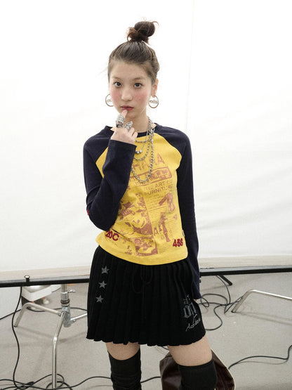 Retro Contrast Knit Tee V-Neck T-Shirt Long-Sleeve