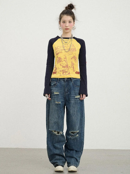 Retro Contrast Knit Tee V-Neck T-Shirt Long-Sleeve