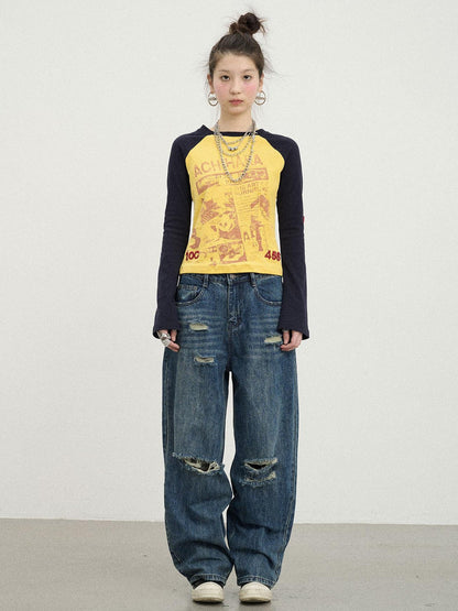 Achihara Retro Contrast Knit Tee V-Neck T-Shirt Long-Sleeve