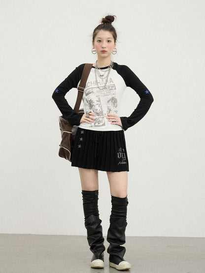 Achihara Retro Contrast Knit Tee V-Neck T-Shirt Long-Sleeve