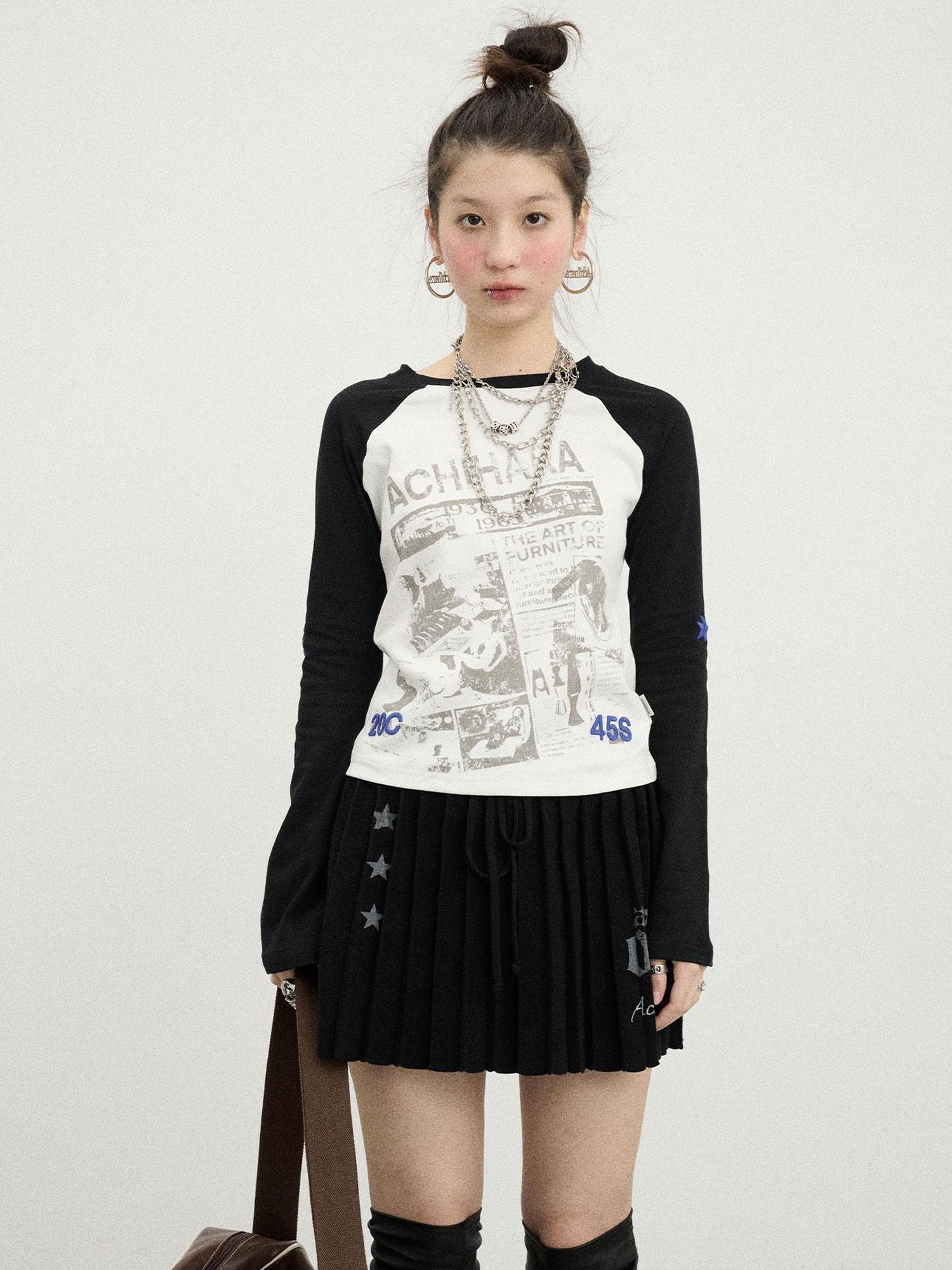 Achihara Retro Contrast Knit Tee V-Neck T-Shirt Long-Sleeve