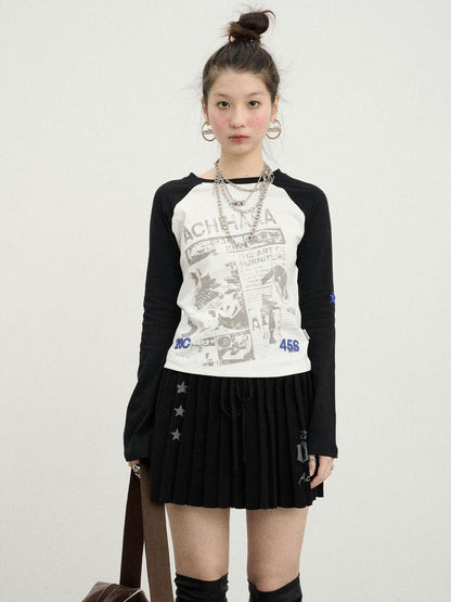 Achihara Retro Contrast Knit Tee V-Neck T-Shirt Long-Sleeve