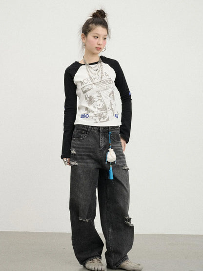 Retro Contrast Knit Tee V-Neck T-Shirt Long-Sleeve