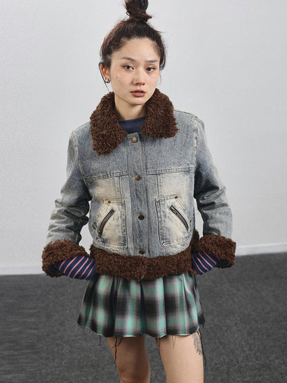 Achihara Retro Denim Trimmed Wool Blend Coat