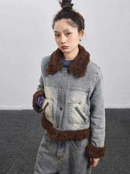 Achihara Retro Denim Trimmed Wool Blend Coat