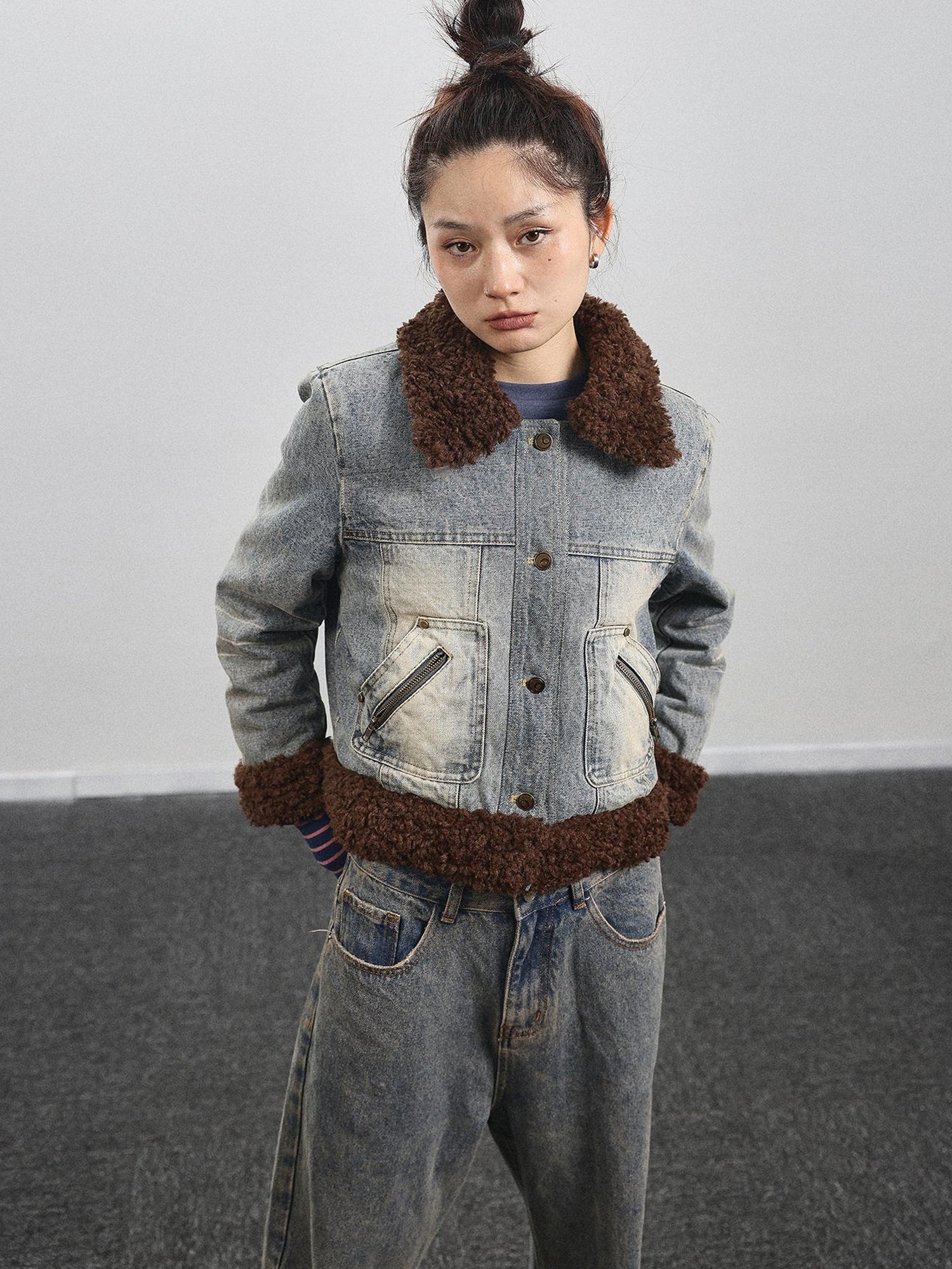 Achihara Retro Denim Trimmed Wool Blend Coat