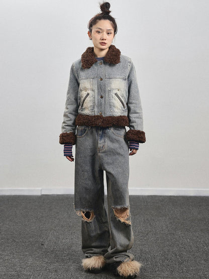 Achihara Retro Denim Trimmed Wool Blend Coat