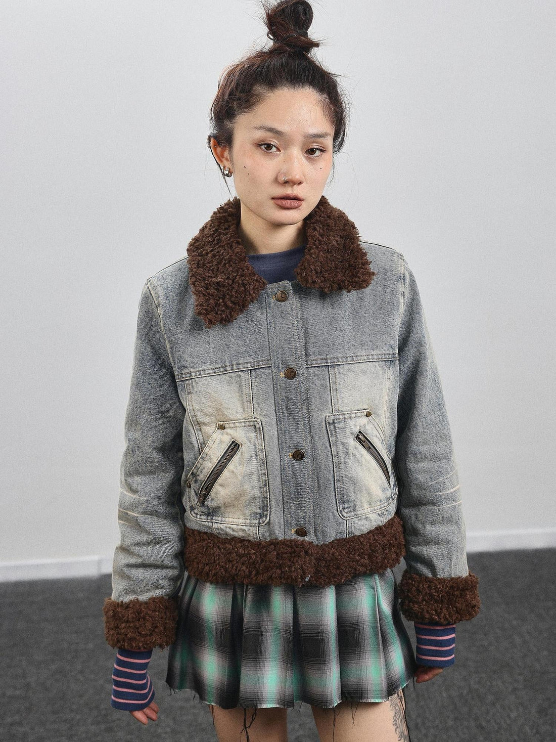 Achihara Retro Denim Trimmed Wool Blend Coat
