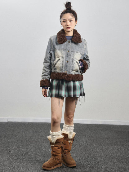 Achihara Retro Denim Trimmed Wool Blend Coat