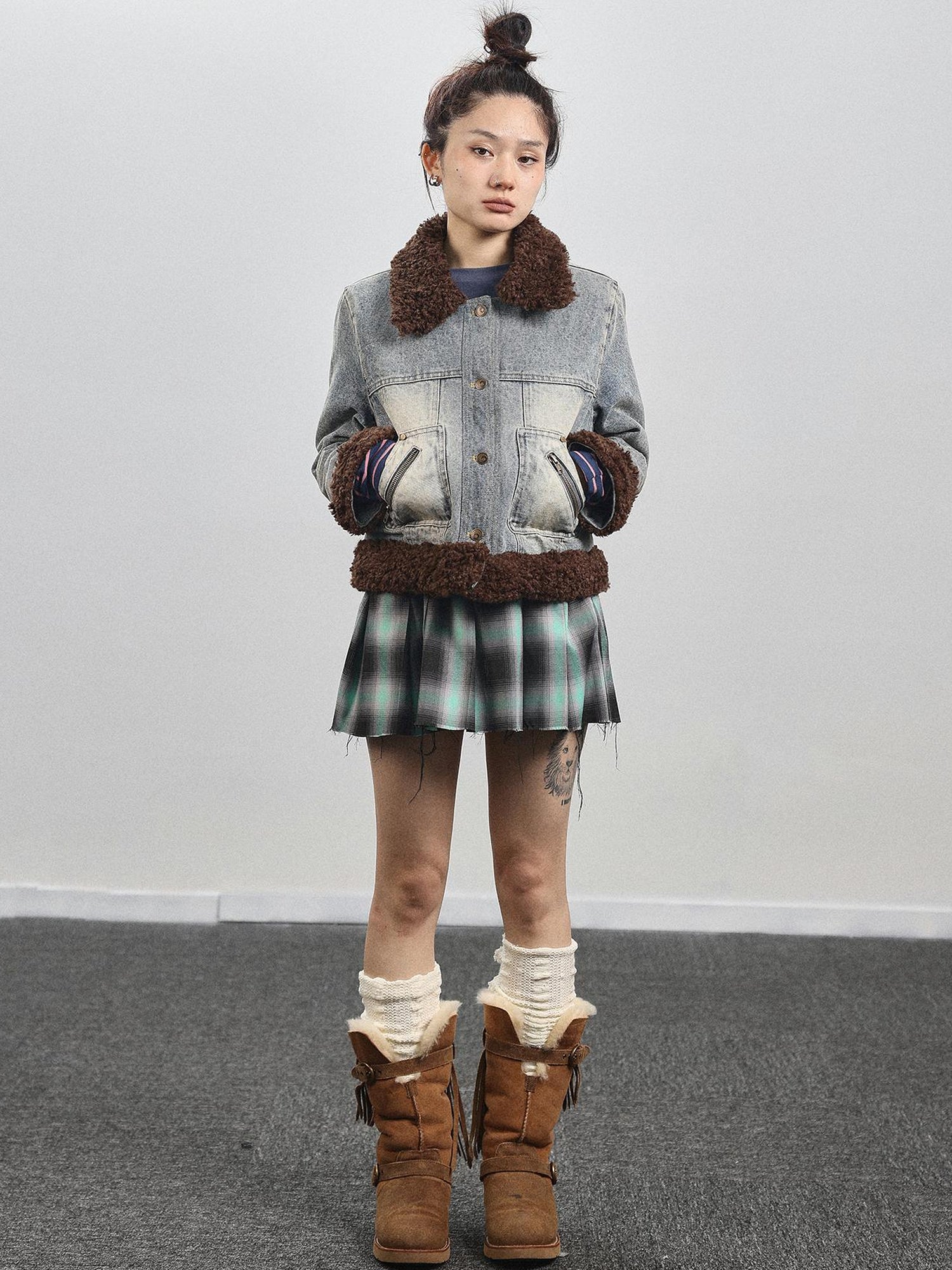 Achihara Retro Denim Trimmed Wool Blend Coat