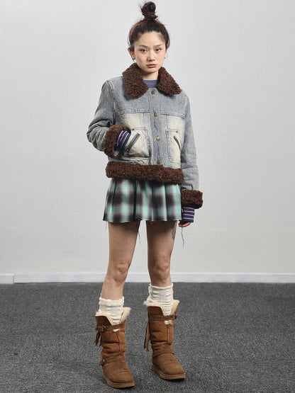 Achihara Retro Denim Trimmed Wool Blend Coat