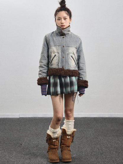 Achihara Retro Denim Trimmed Wool Blend Coat