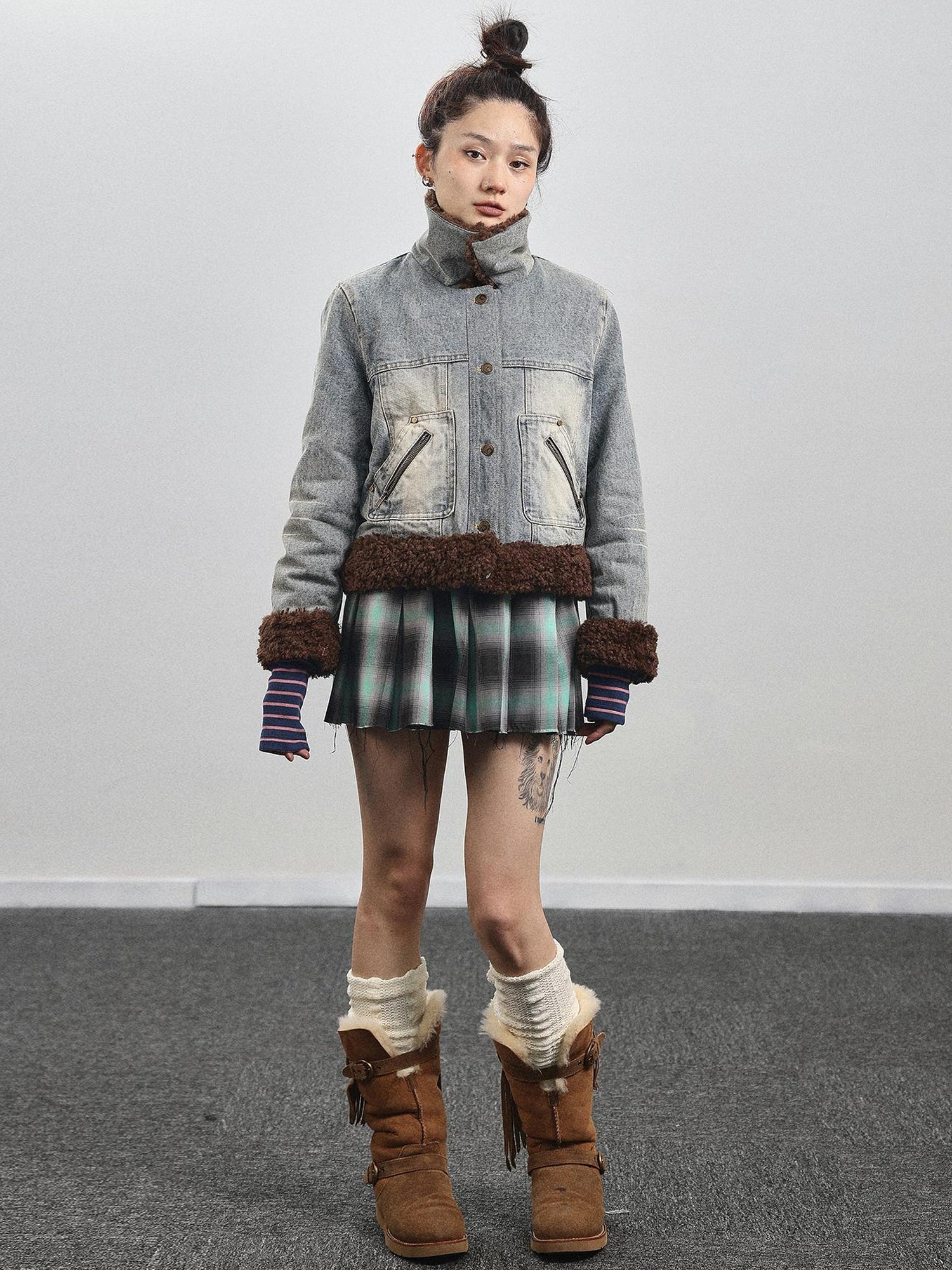 Achihara Retro Denim Trimmed Wool Blend Coat