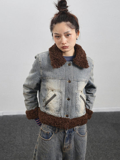 Achihara Retro Denim Trimmed Wool Blend Coat