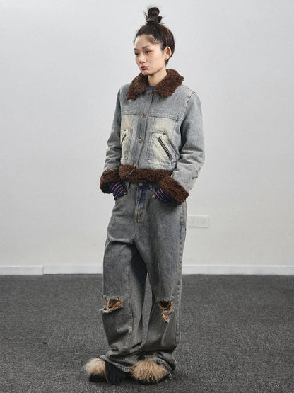 Retro Denim Trimmed Wool Blend Coat