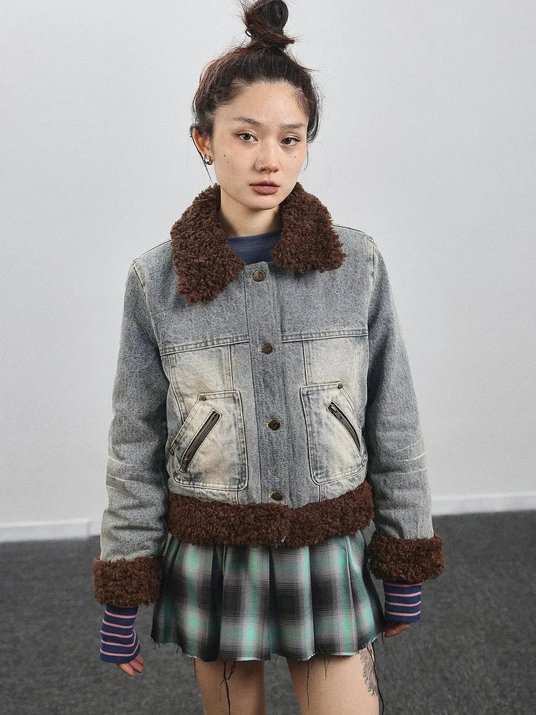 Retro Denim Trimmed Wool Blend Coat