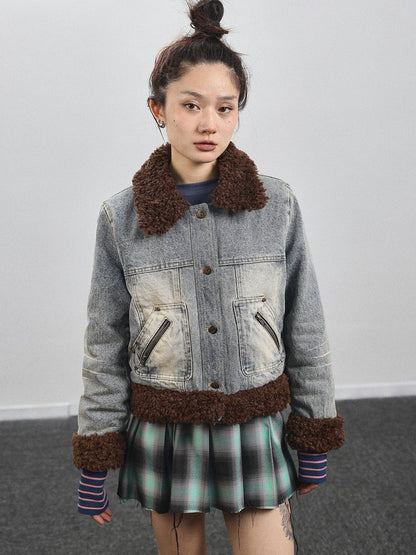 Achihara Retro Denim Trimmed Wool Blend Coat