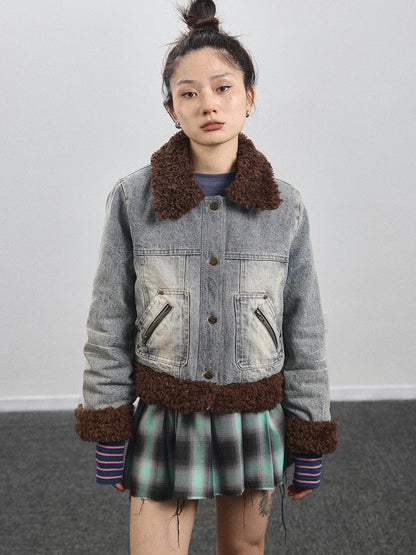 Achihara Retro Denim Trimmed Wool Blend Coat