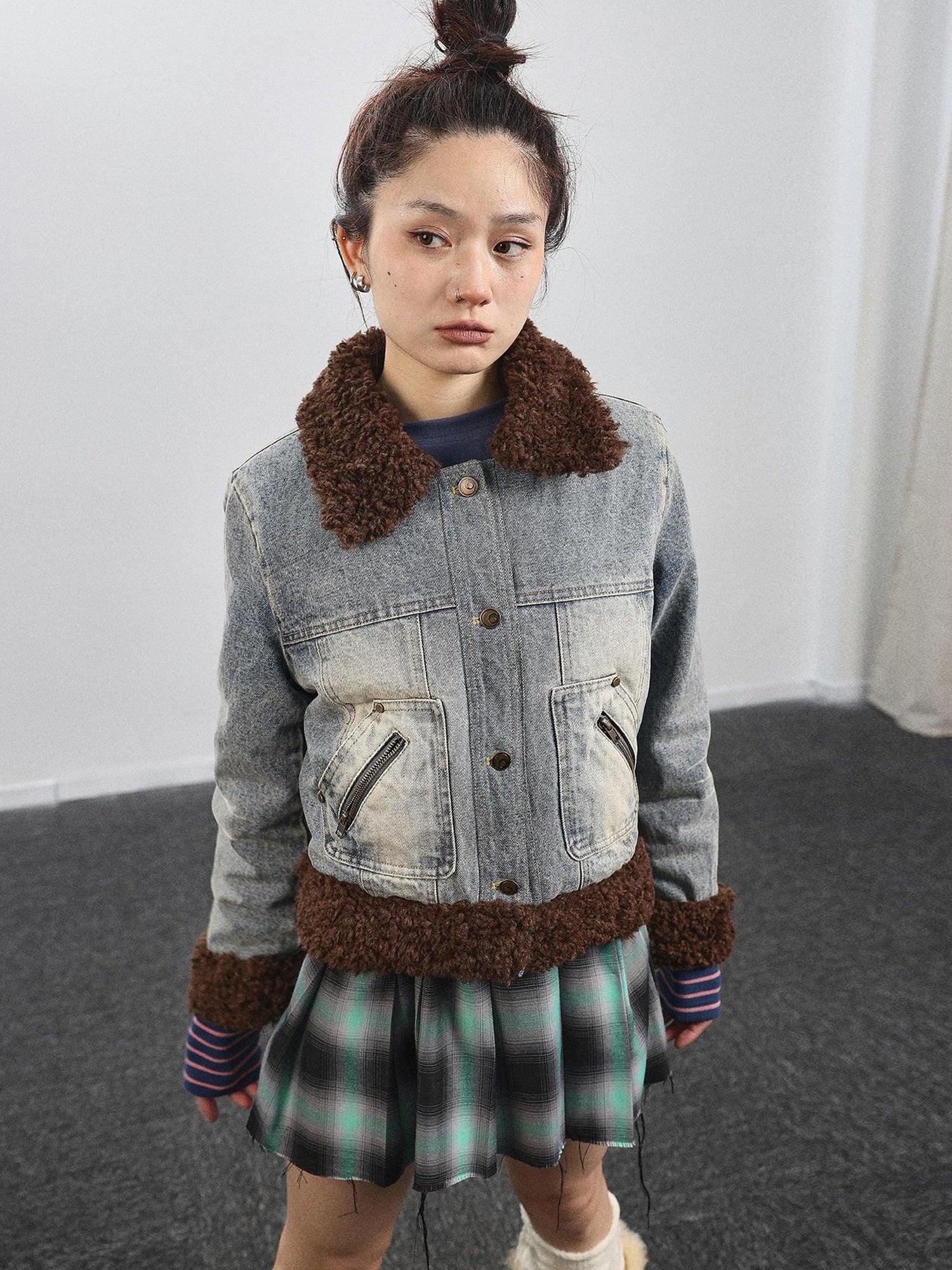 Achihara Retro Denim Trimmed Wool Blend Coat