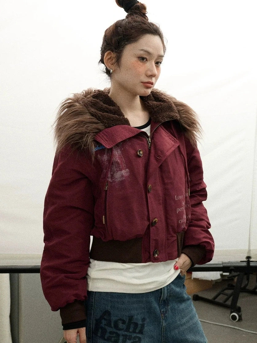 Achihara Revelation Inspired Short Puffer Coat With Fur Hood Padded Jacket