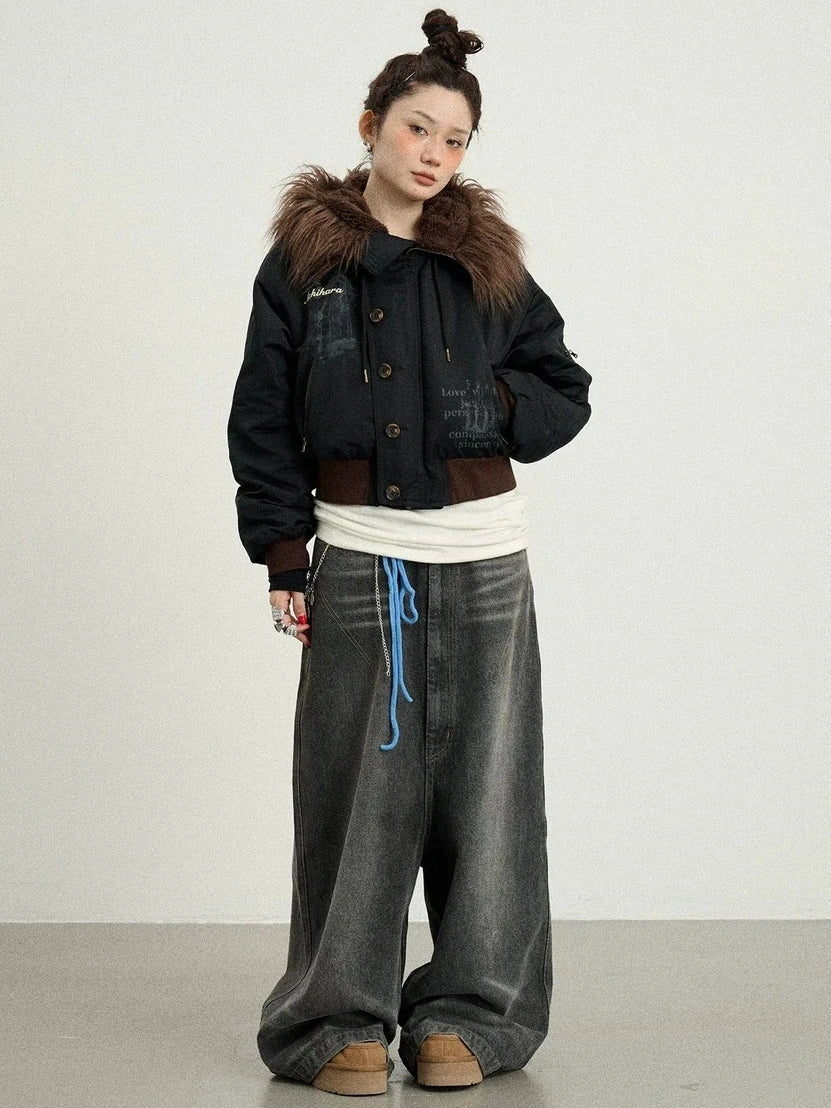 Achihara Revelation Inspired Short Puffer Coat With Fur Hood Padded Jacket