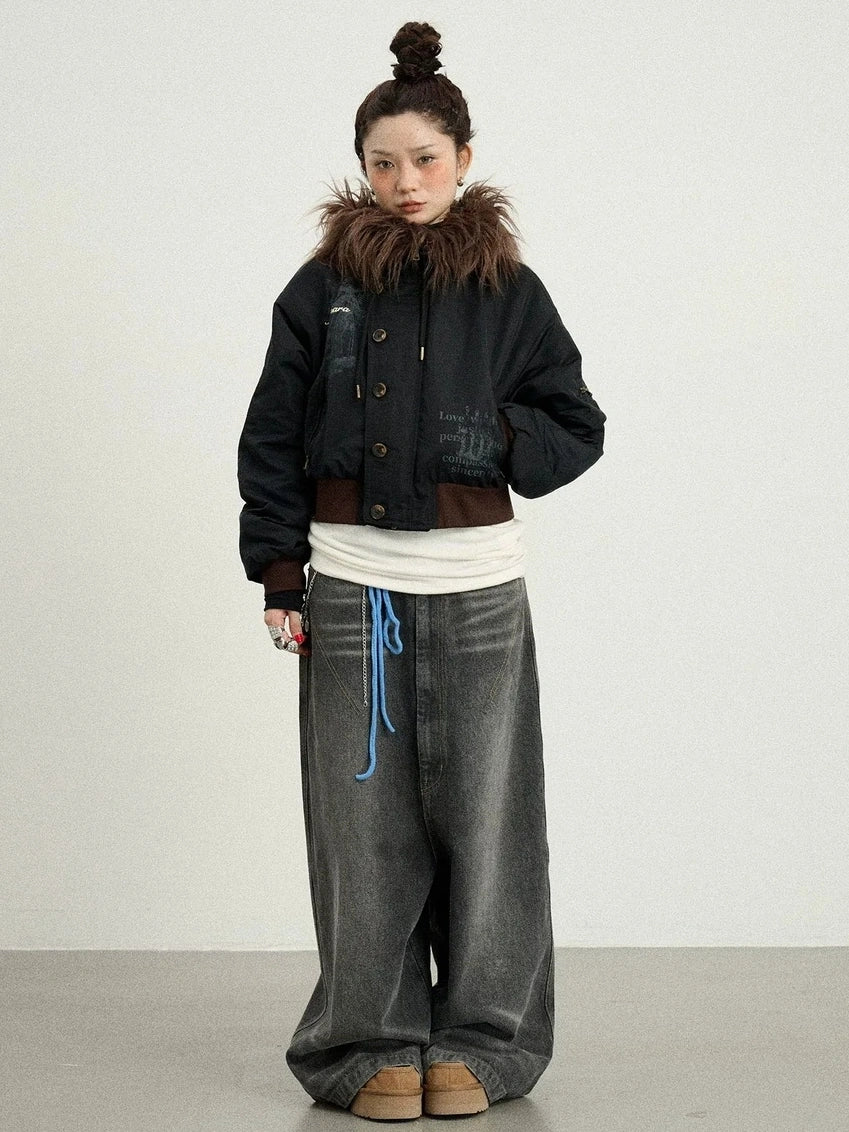 Achihara Revelation Inspired Short Puffer Coat With Fur Hood Padded Jacket