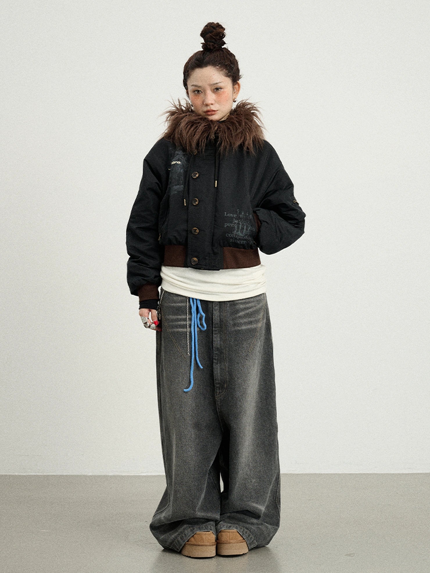 Achihara Revelation Inspired Short Puffer Coat With Fur Hood Padded Jacket