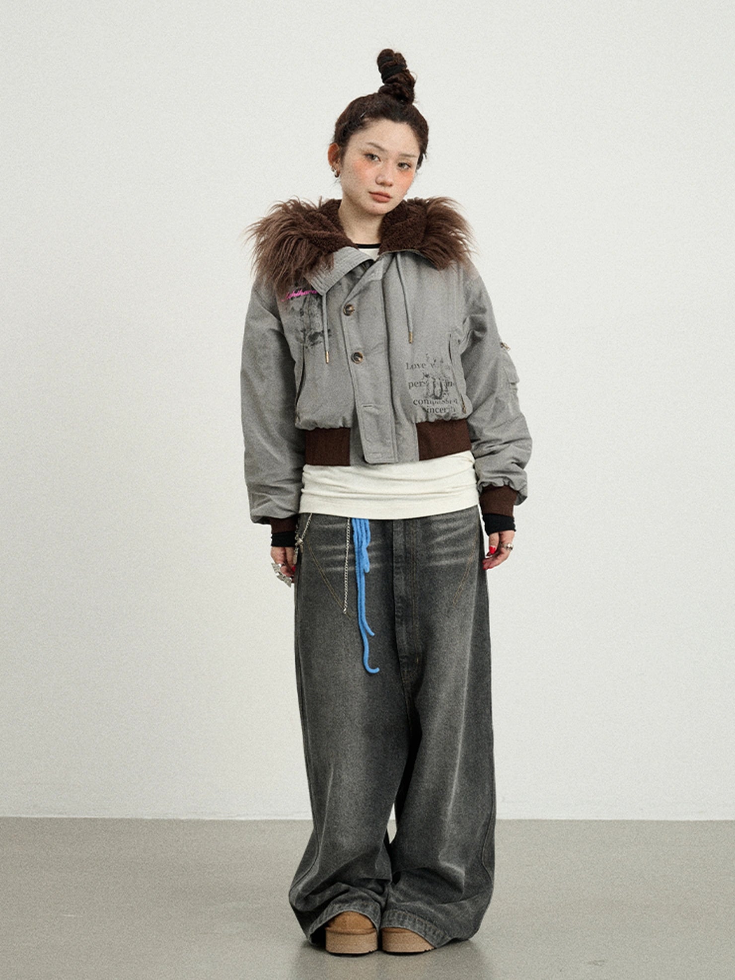 Achihara Revelation Inspired Short Puffer Coat With Fur Hood Padded Jacket