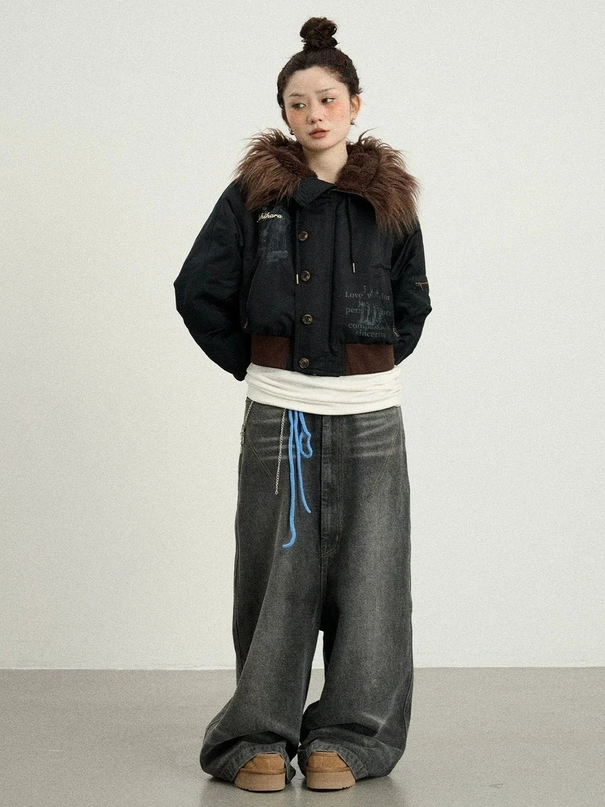 Achihara Revelation Inspired Short Puffer Coat With Fur Hood Padded Jacket