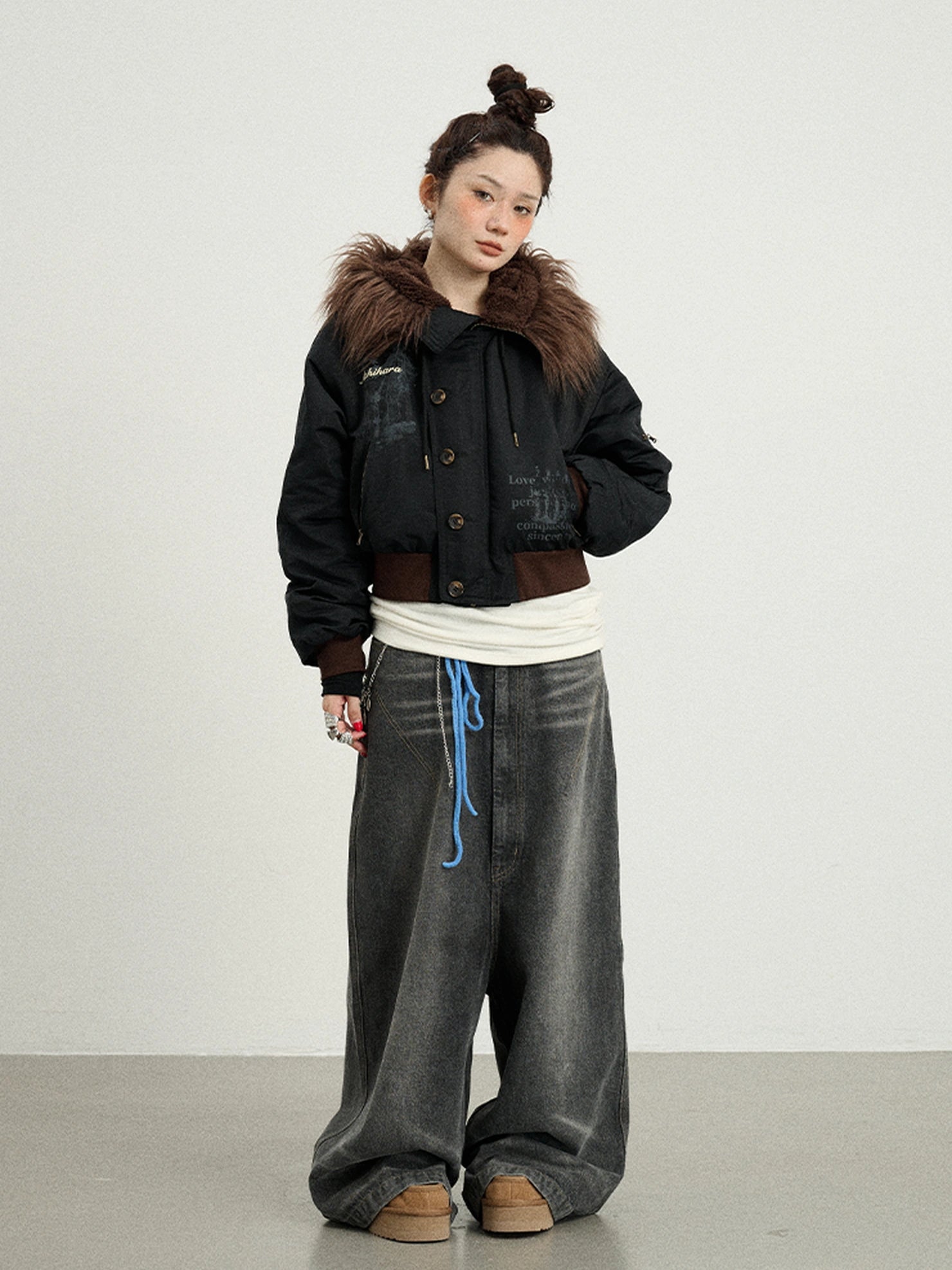 Achihara Revelation Inspired Short Puffer Coat With Fur Hood Padded Jacket