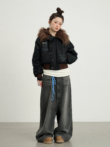 Achihara Revelation Inspired Short Puffer Coat With Fur Hood Padded Jacket