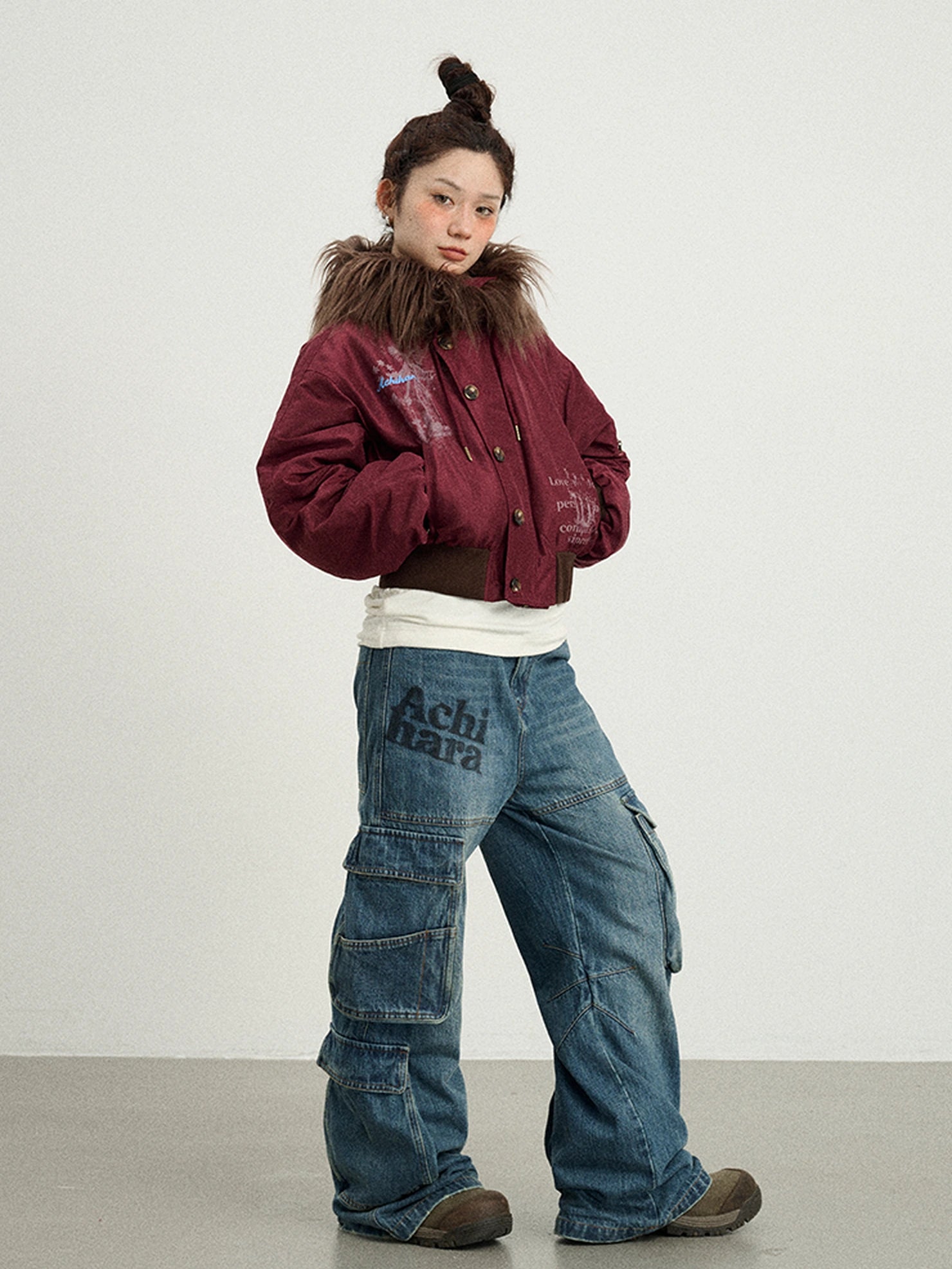 Achihara Revelation Inspired Short Puffer Coat With Fur Hood Padded Jacket