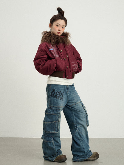 Achihara Revelation Inspired Short Puffer Coat With Fur Hood Padded Jacket