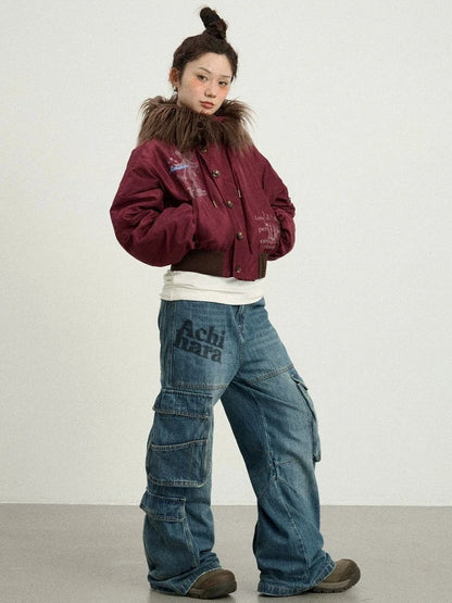 Achihara Revelation Inspired Short Puffer Coat With Fur Hood Padded Jacket