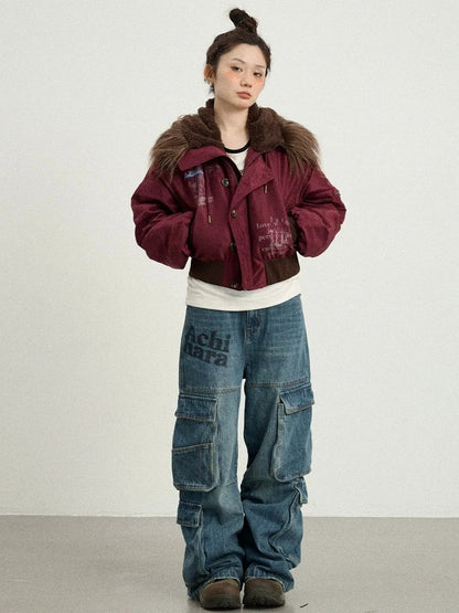 Achihara Revelation Inspired Short Puffer Coat With Fur Hood Padded Jacket