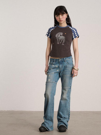 Achihara Rhinestone Slim Fit Office Polka Dot Women Cotton Blend Short Sleeve T-Shirts