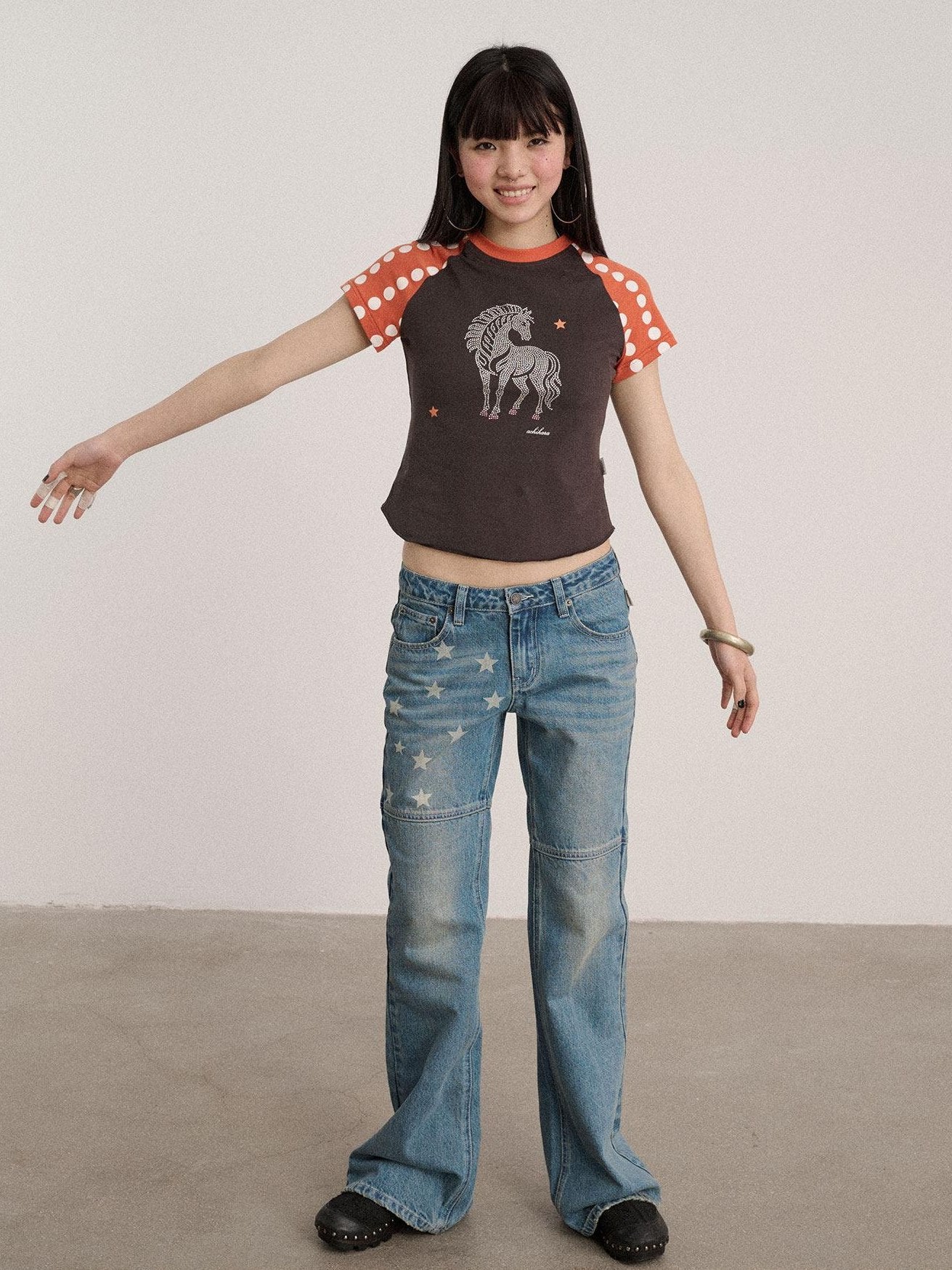 Achihara Rhinestone Slim Fit Office Polka Dot Women Cotton Blend Short Sleeve T-Shirts