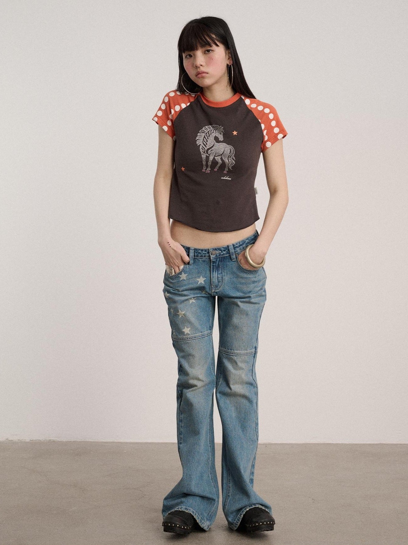 Achihara Rhinestone Slim Fit Office Polka Dot Women Cotton Blend Short Sleeve T-Shirts