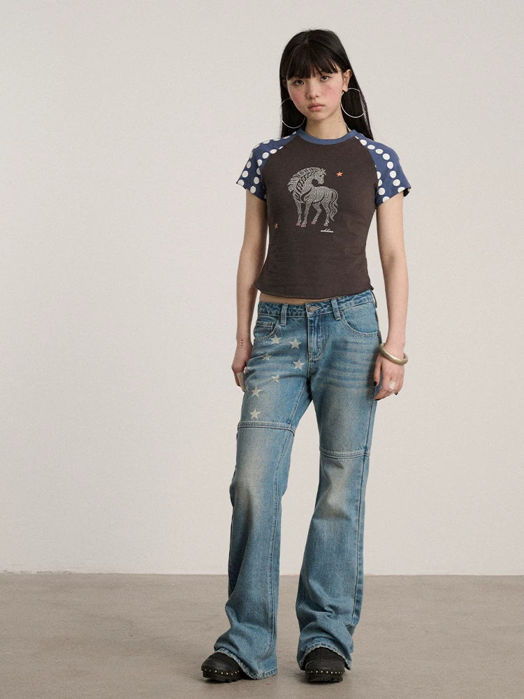 Achihara Rhinestone Slim Fit Office Polka Dot Women Cotton Blend Short Sleeve T-Shirts-2