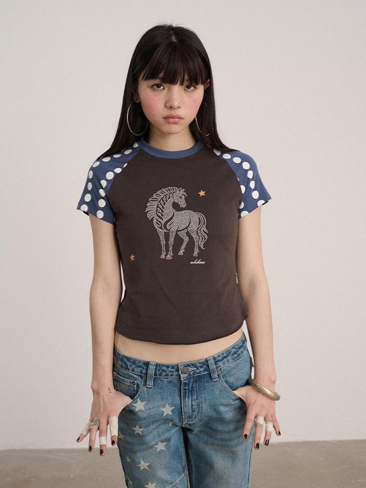 Achihara Rhinestone Slim Fit Office Polka Dot Women Cotton Blend Short Sleeve T-Shirts