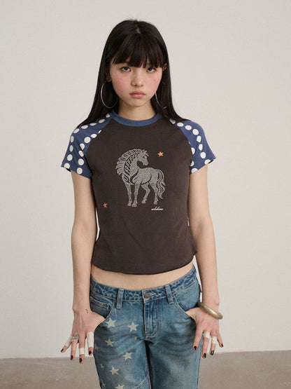 Achihara Rhinestone Slim Fit Office Polka Dot Women Cotton Blend Short Sleeve T-Shirts-5