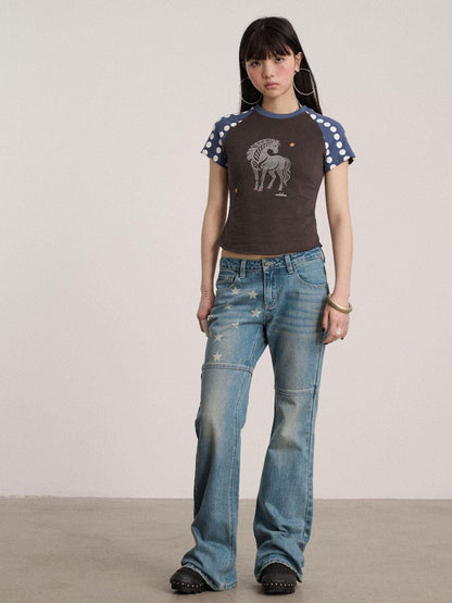 Achihara Rhinestone Slim Fit Office Polka Dot Women Cotton Blend Short Sleeve T-Shirts